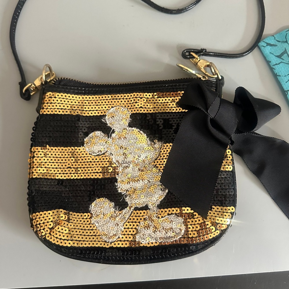 Disney Parks Mickey Mouse Sequin Crossbody Bag Black Gold Striped Bow Purse